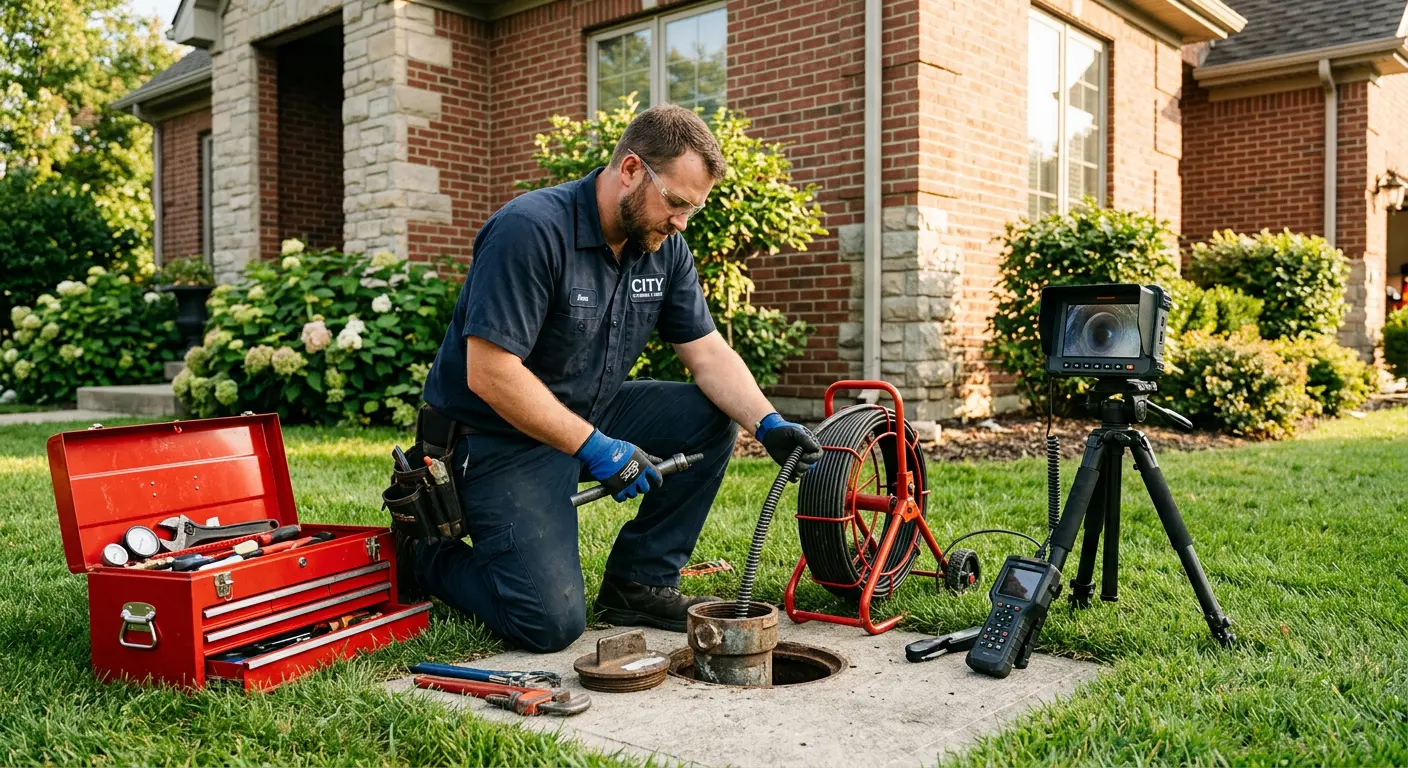 Sewer specialist with camera equipment servicing a cleanout in Dunn Loring